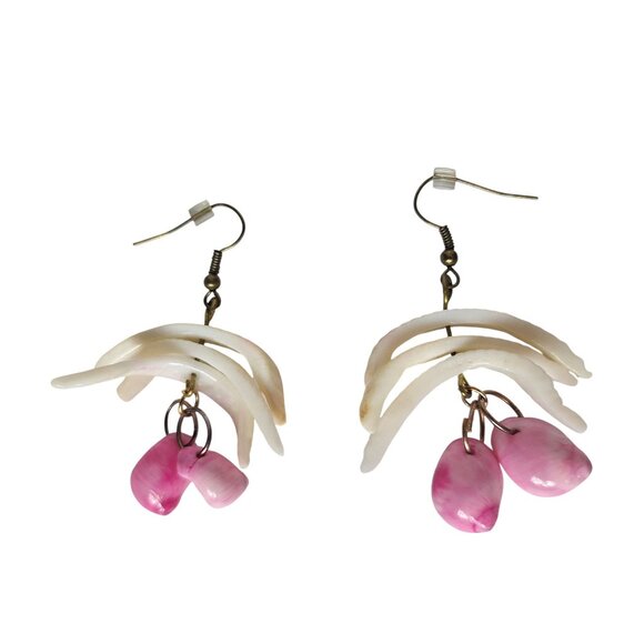 Handmade Fan Shell Earrings Pink Teardrop Beads Boho Dangle Jewelry Artistic - Picture 2 of 3